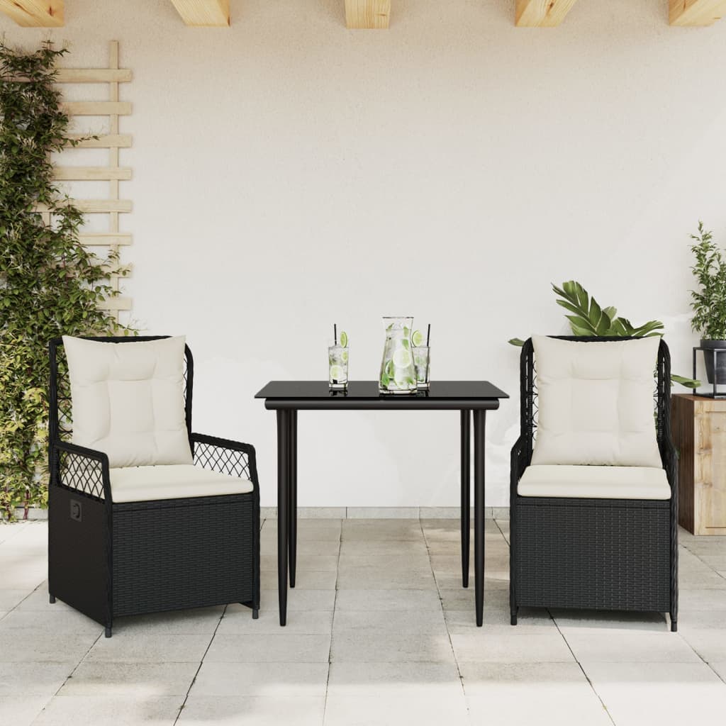 Vetonek Set comedor de jardín 3 pzas con cojines ratán sintético negro