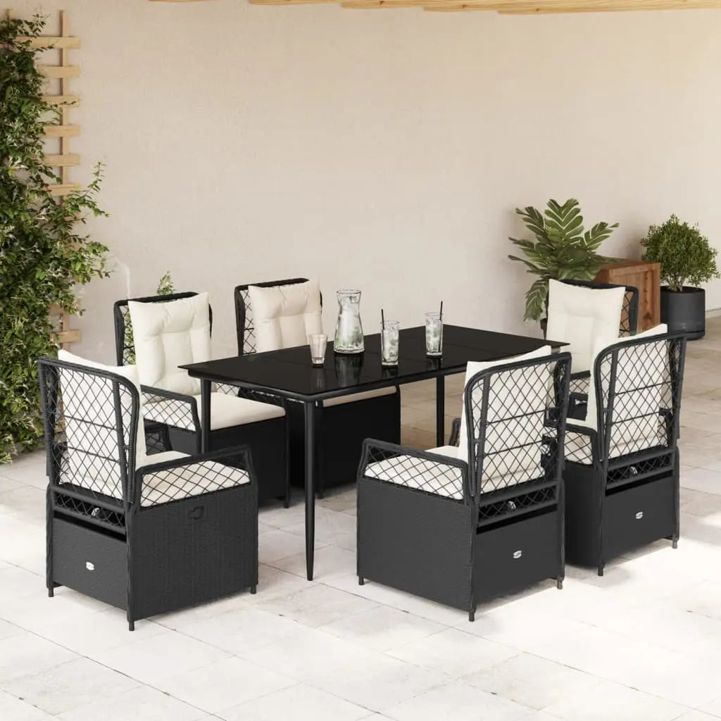 Vetonek Set de comedor de jardín 7 pzas y cojines ratán sintético negro