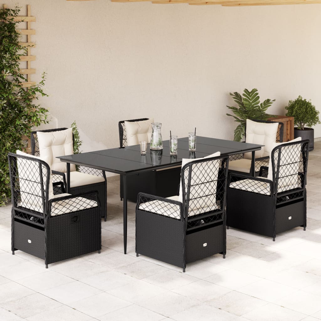 Vetonek Set de comedor de jardín 7 pzas y cojines ratán sintético negro