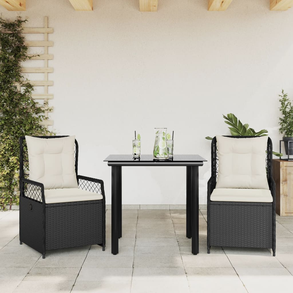 Vetonek Set comedor de jardín 3 pzas con cojines ratán sintético negro