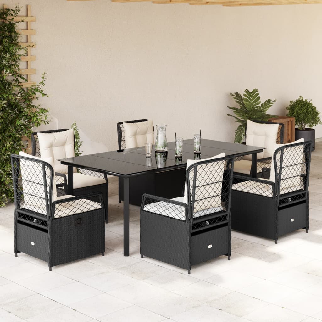 Vetonek Set de comedor de jardín 7 pzas y cojines ratán sintético negro