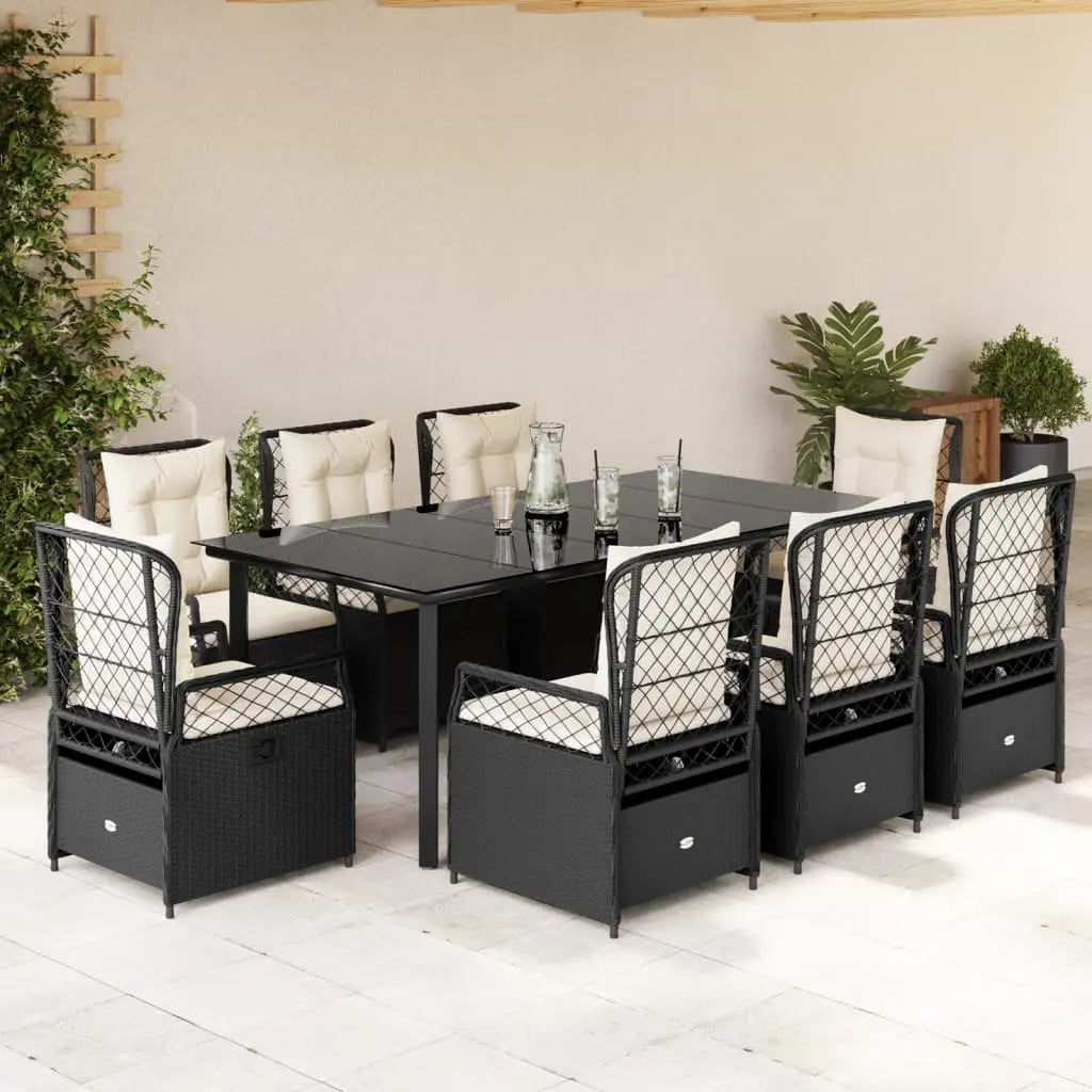 Vetonek Set de comedor de jardín 9 pzas y cojines ratán sintético negro