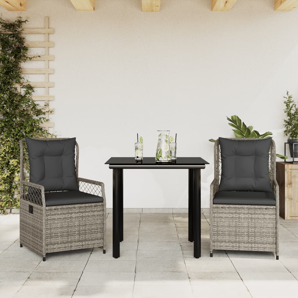 Vetonek Set comedor de jardín 3 piezas con cojines ratán sintético gris