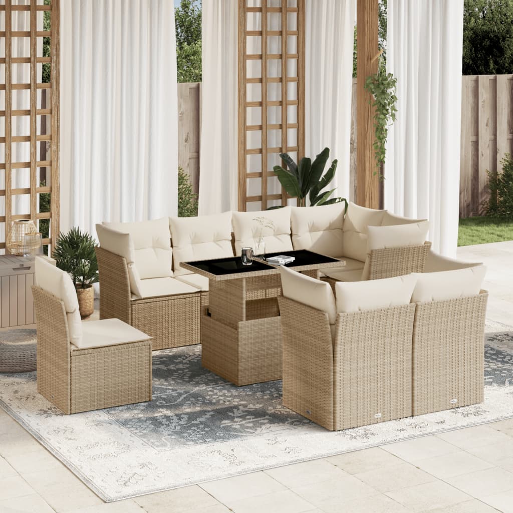 Vetonek Set de sofás de jardín 9 pzas con cojines ratán sintético beige