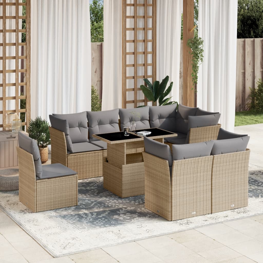 Vetonek Set de sofás de jardín 9 pzas con cojines ratán sintético beige