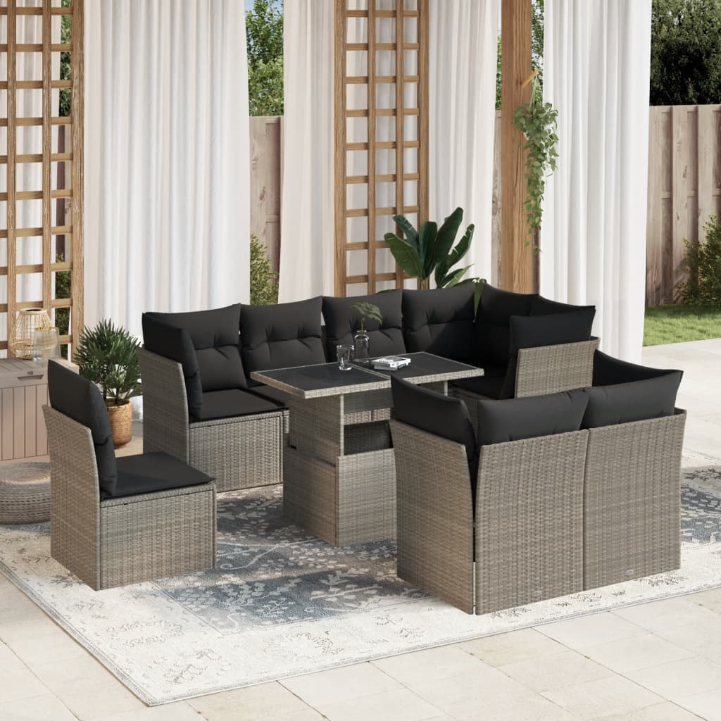 Vetonek Set muebles jardín 9 pzas y cojines ratán sintético gris claro