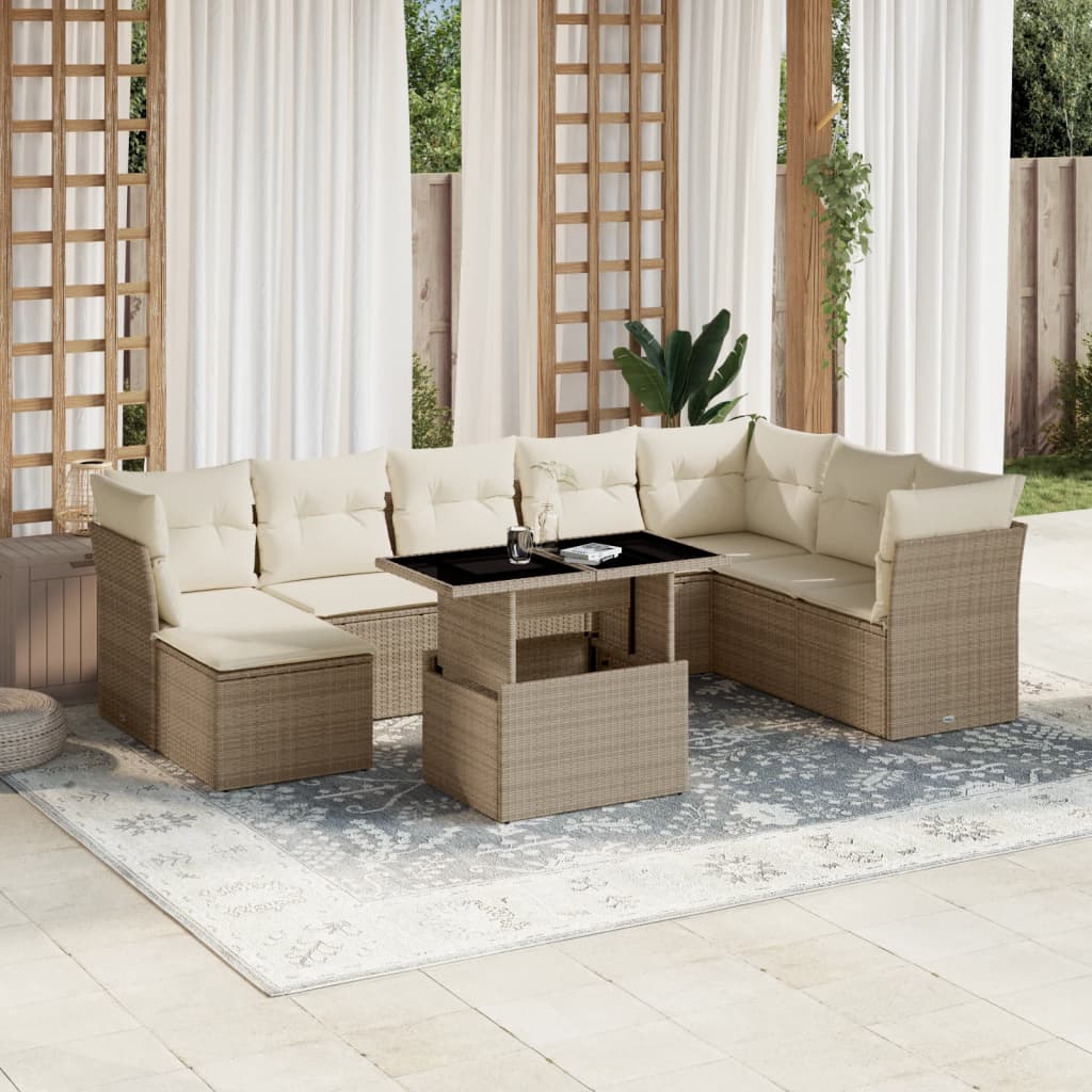 Vetonek Set de sofás de jardín 9 pzas con cojines ratán sintético beige