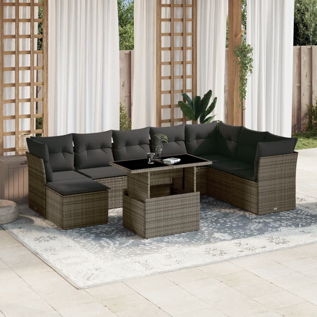 Vetonek Set de muebles de jardín 9 pzas y cojines ratán sintético gris