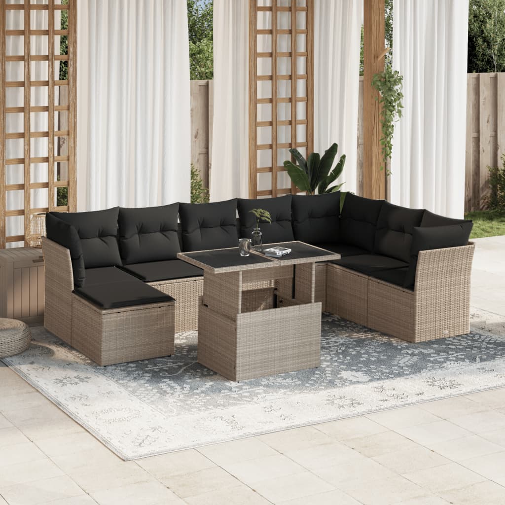 Vetonek Set muebles jardín 9 pzas y cojines ratán sintético gris claro