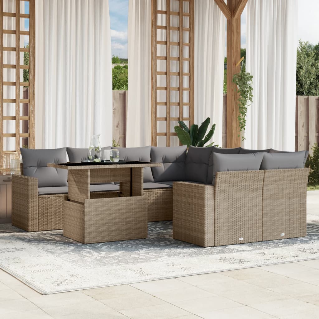 Vetonek Set de sofás de jardín 9 pzas con cojines ratán sintético beige