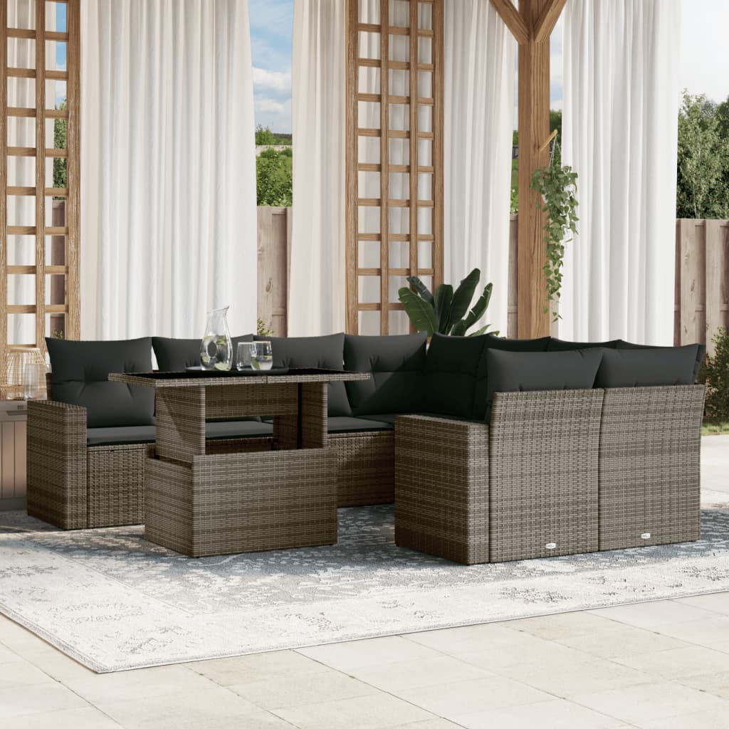 Vetonek Set de muebles de jardín 9 pzas y cojines ratán sintético gris