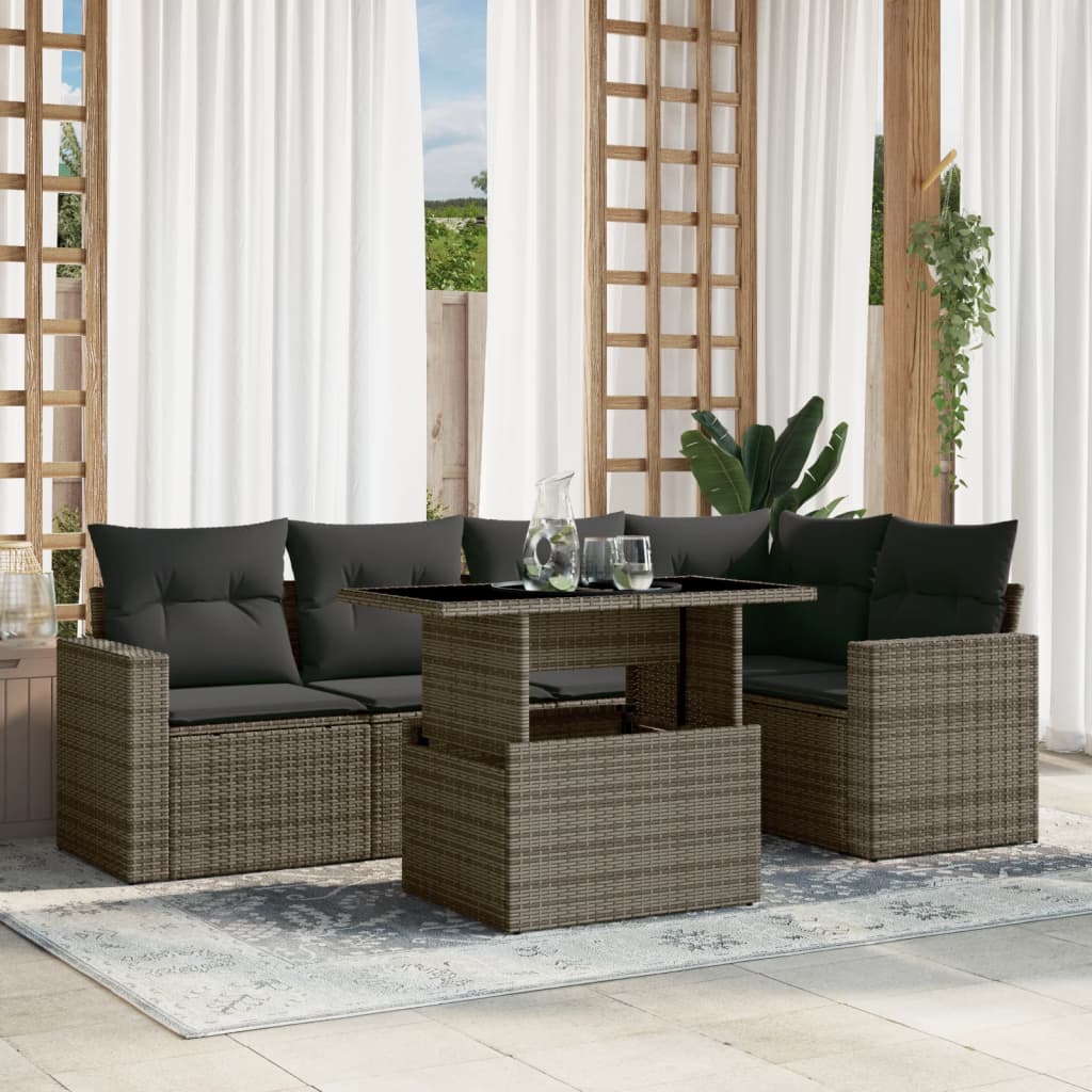 Vetonek Set de muebles de jardín 6 pzas y cojines ratán sintético gris