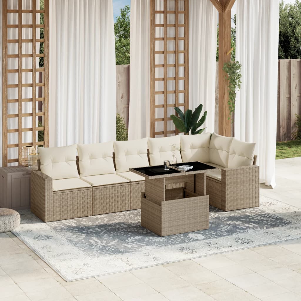 Set sofás de jardín 7 piezas y cojines ratán sintético beige