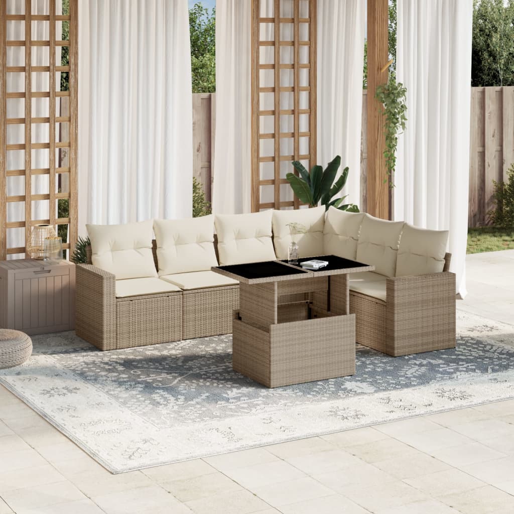 Set sofás de jardín 7 piezas y cojines ratán sintético beige