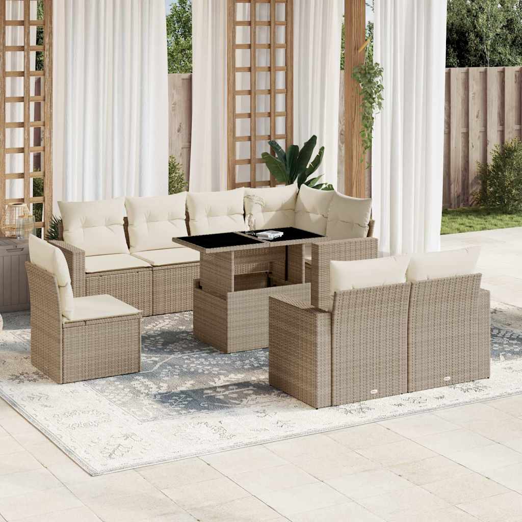 Vetonek Set de sofás de jardín 9 pzas con cojines ratán sintético beige