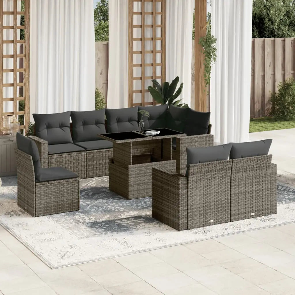 Vetonek Set de muebles de jardín 9 pzas y cojines ratán sintético gris