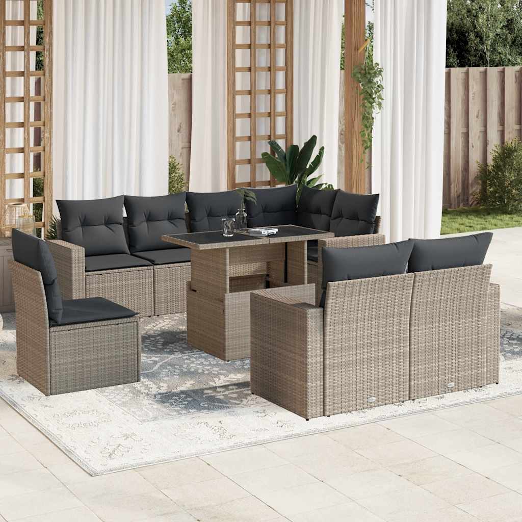 Vetonek Set muebles jardín 9 pzas y cojines ratán sintético gris claro