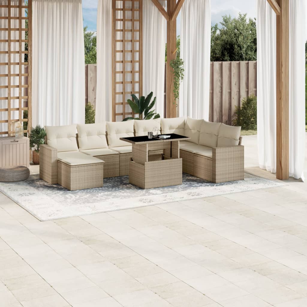 Vetonek Set de sofás de jardín 9 pzas con cojines ratán sintético beige