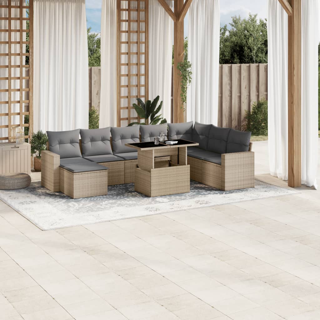 Vetonek Set de sofás de jardín 9 pzas con cojines ratán sintético beige