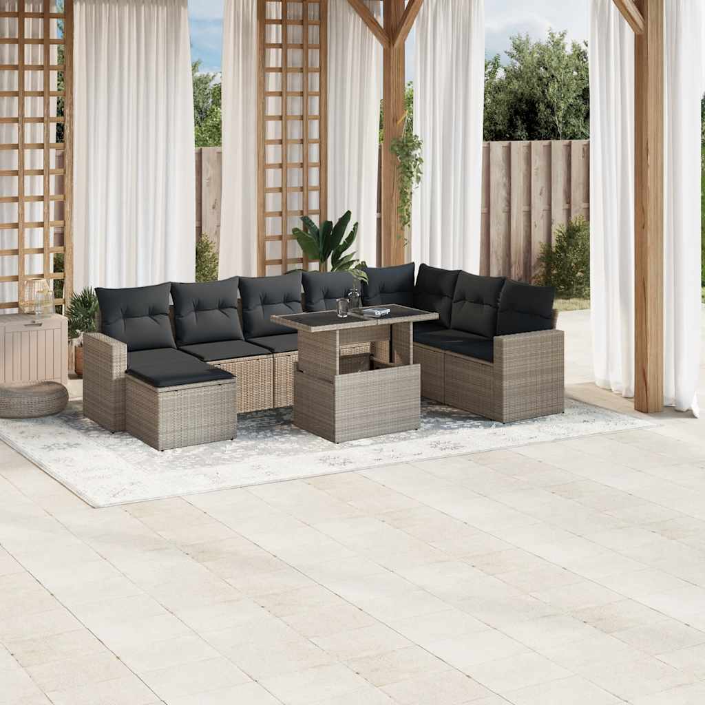 Vetonek Set muebles jardín 9 pzas y cojines ratán sintético gris claro