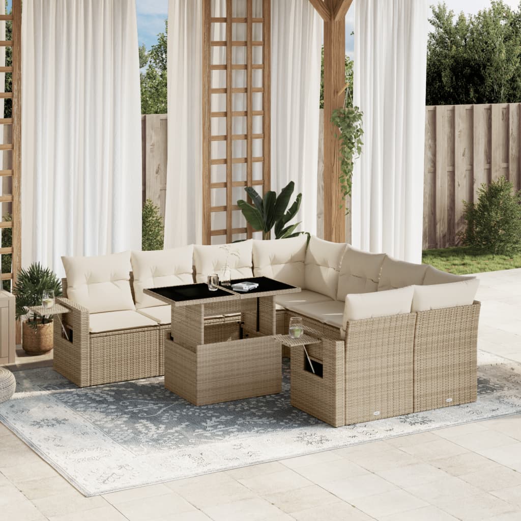 Vetonek Set de sofás de jardín 9 pzas con cojines ratán sintético beige