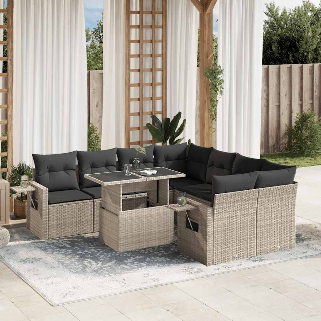 Vetonek Set muebles jardín 9 pzas y cojines ratán sintético gris claro