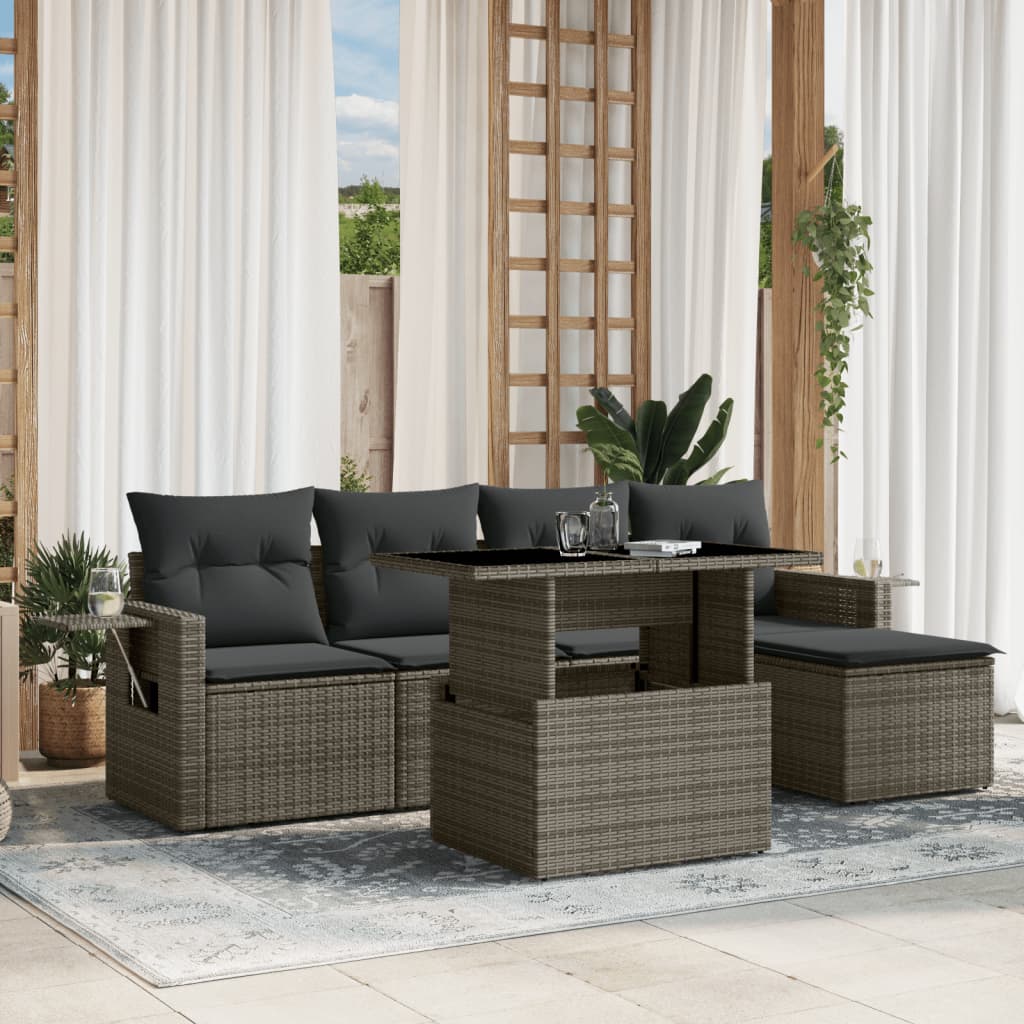 Vetonek Set de muebles de jardín 6 pzas y cojines ratán sintético gris