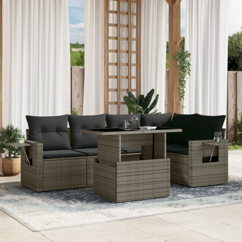 Vetonek Set de muebles de jardín 6 pzas y cojines ratán sintético gris