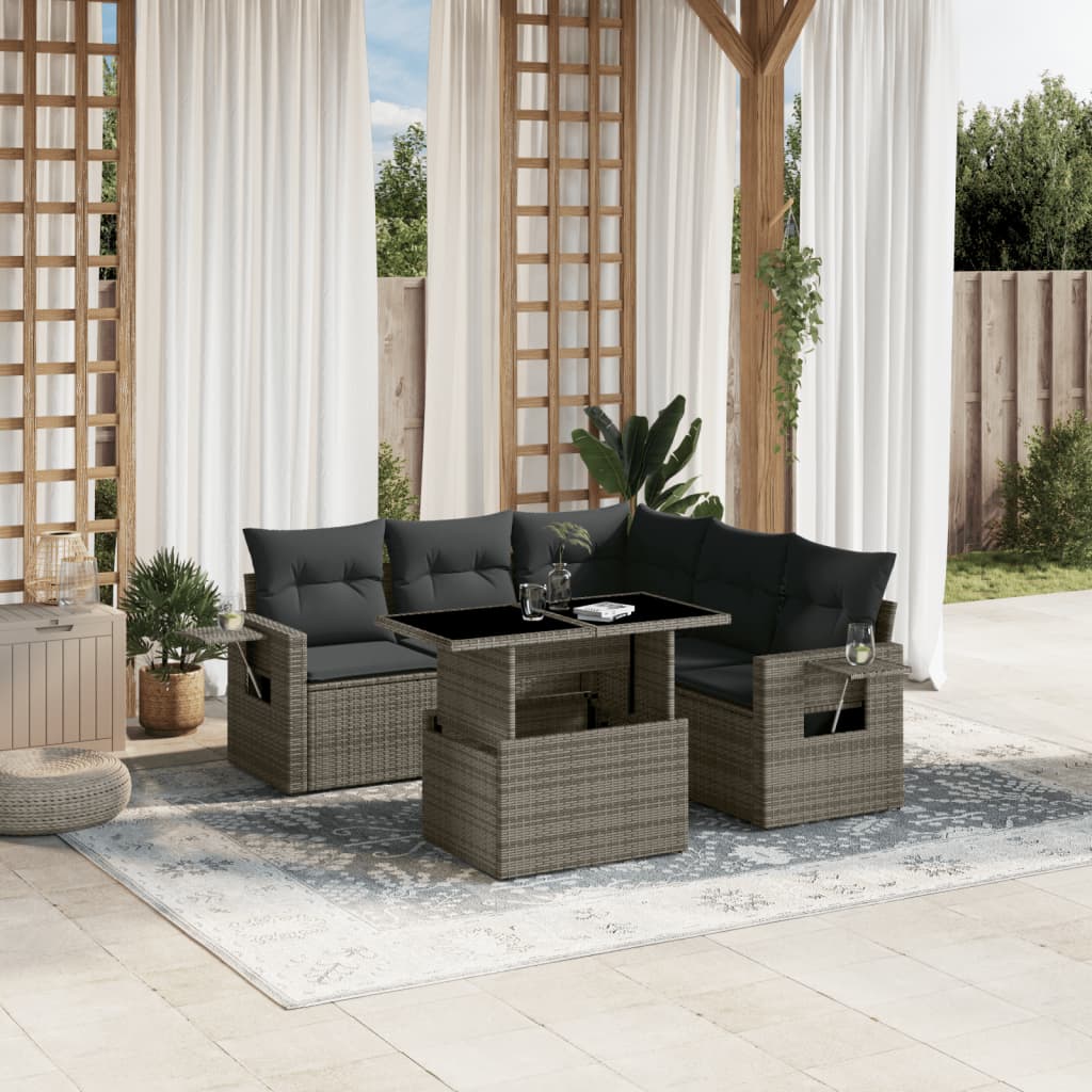 Vetonek Set de muebles de jardín 6 pzas y cojines ratán sintético gris