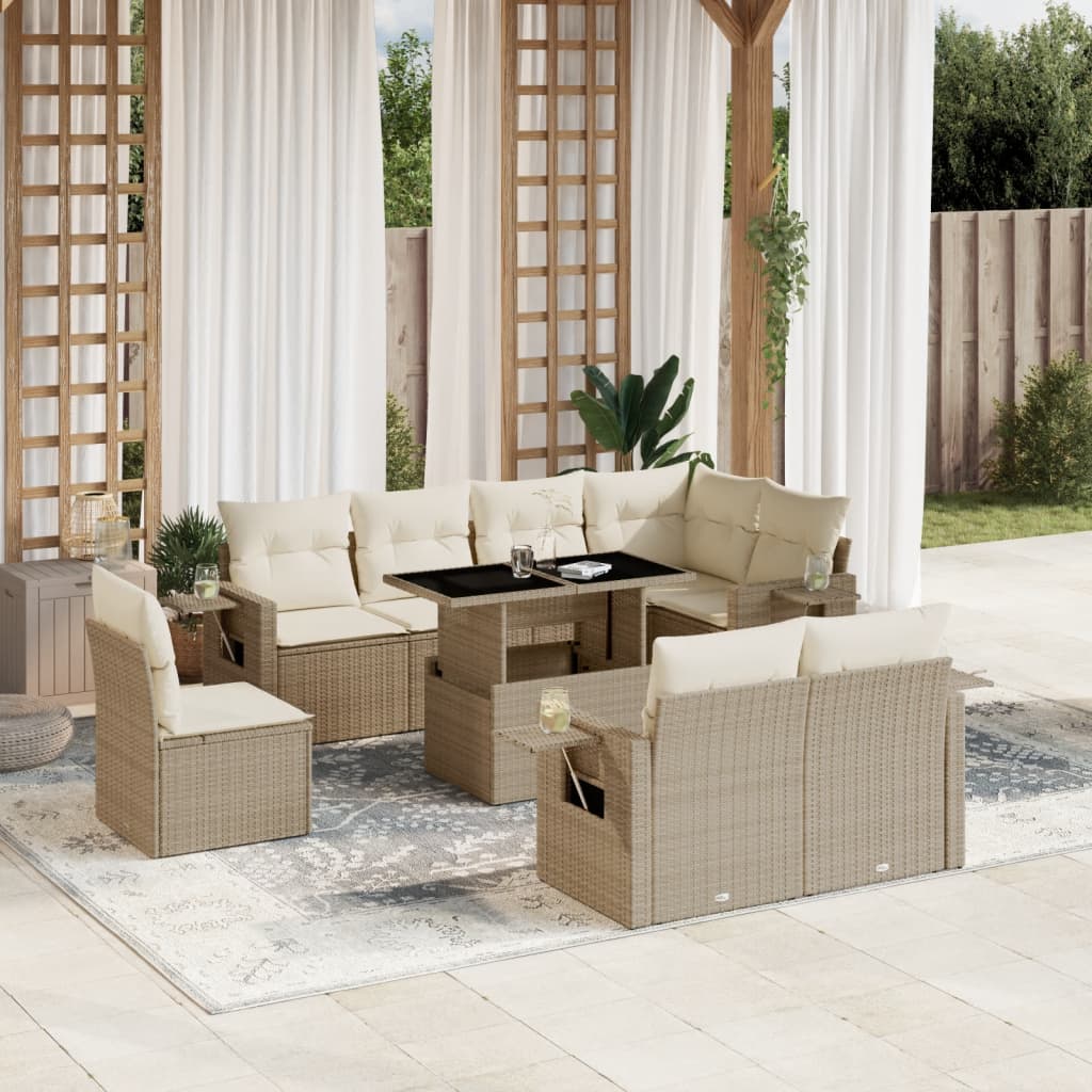 Vetonek Set de sofás de jardín 9 pzas con cojines ratán sintético beige