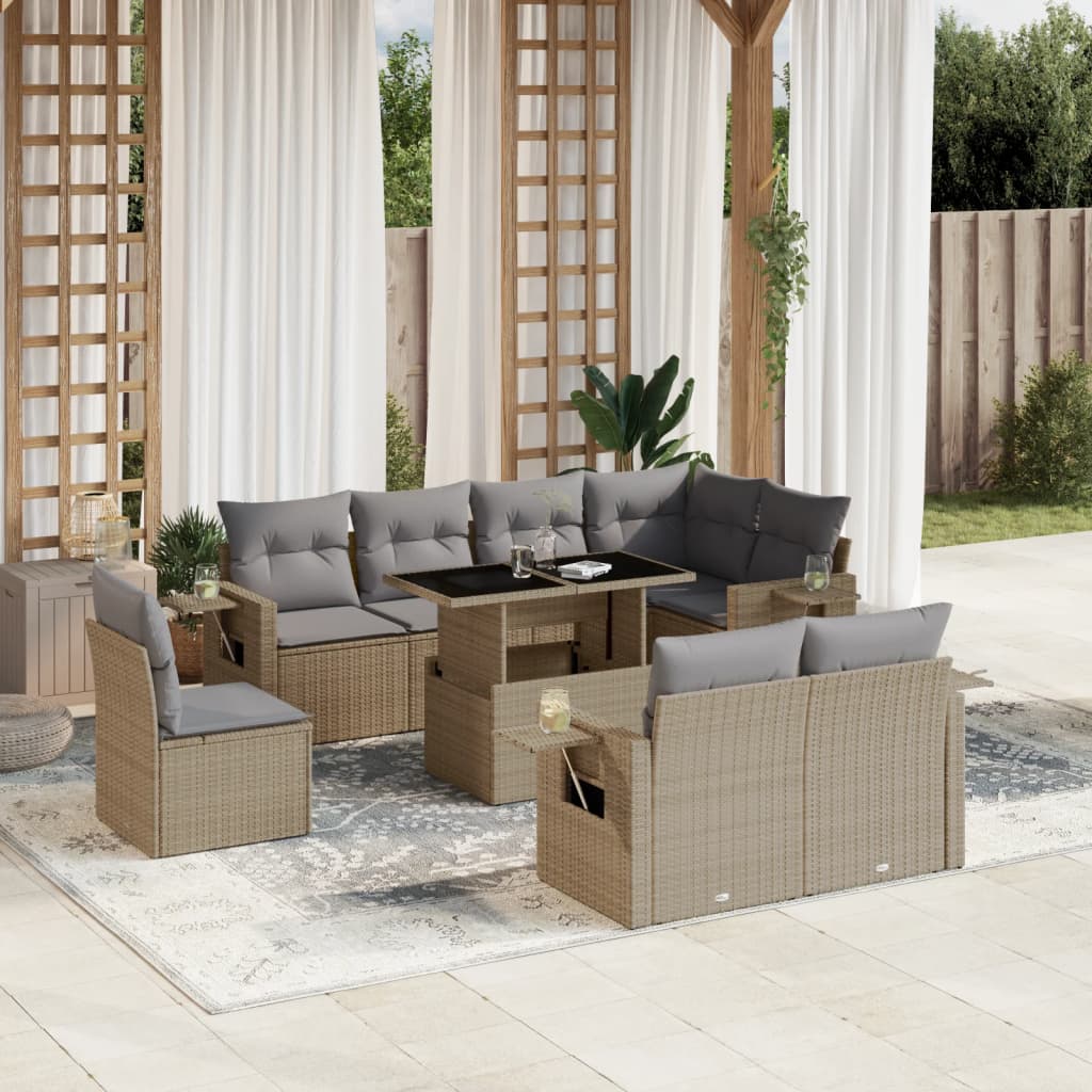 Vetonek Set de sofás de jardín 9 pzas con cojines ratán sintético beige