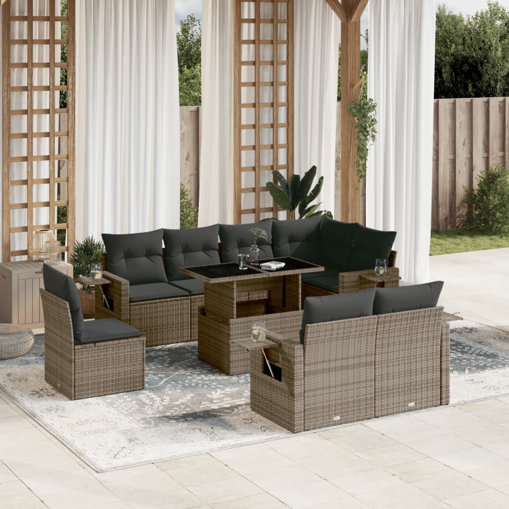 Vetonek Set de muebles de jardín 9 pzas y cojines ratán sintético gris