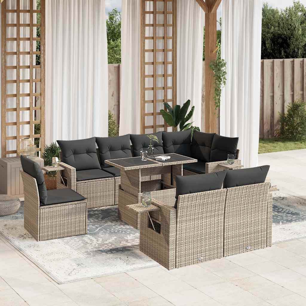 Vetonek Set muebles jardín 9 pzas y cojines ratán sintético gris claro