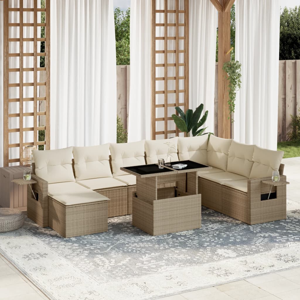 Vetonek Set de sofás de jardín 9 pzas con cojines ratán sintético beige