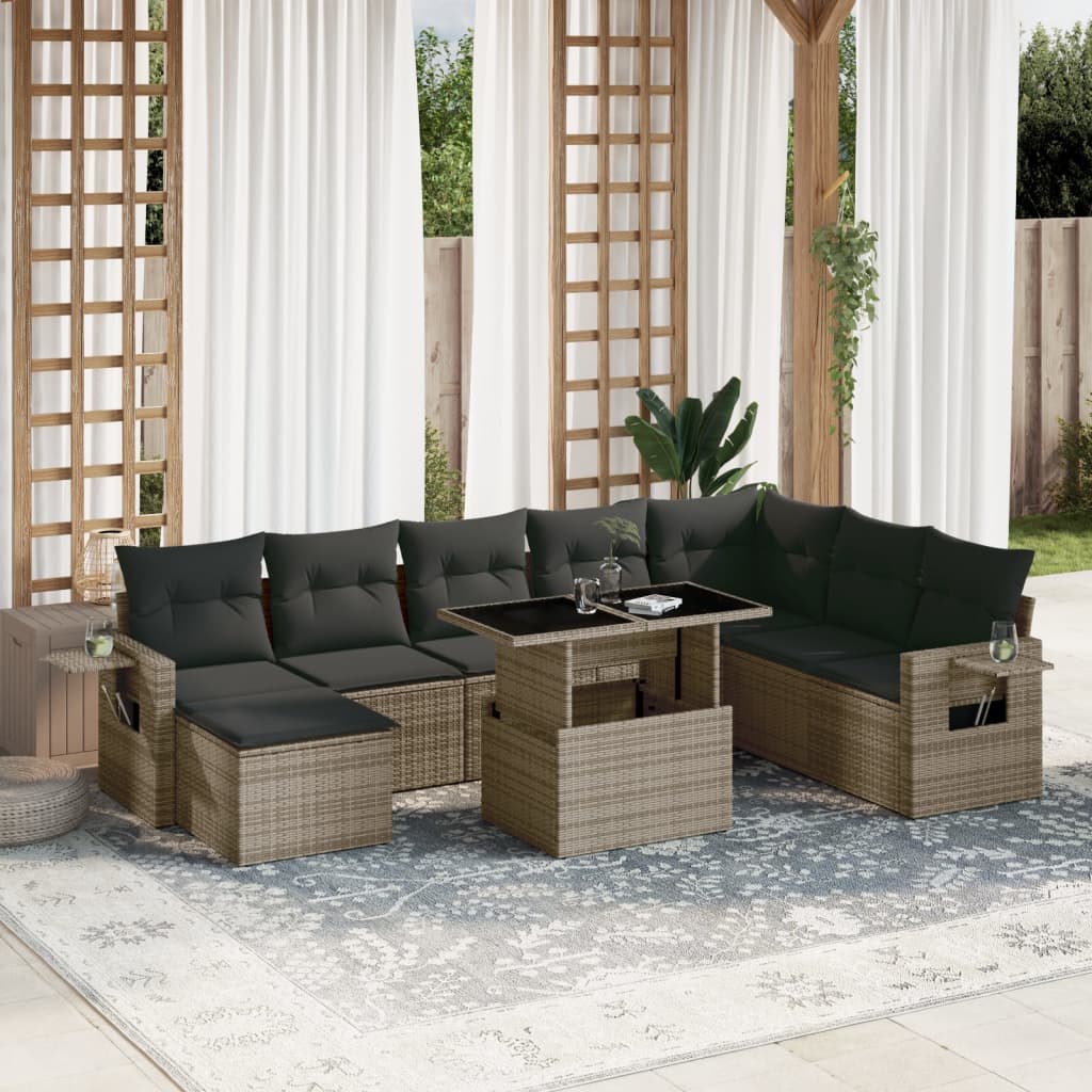 Vetonek Set de muebles de jardín 9 pzas y cojines ratán sintético gris