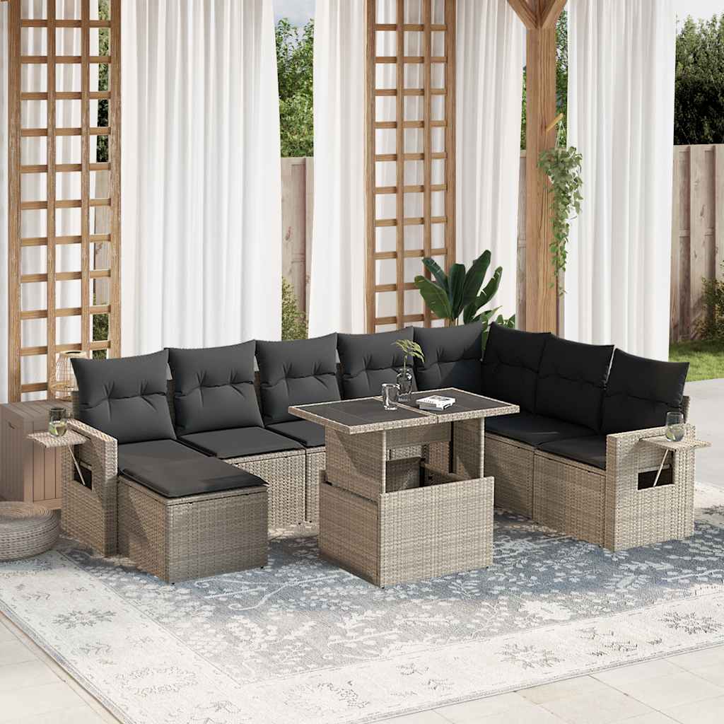 Vetonek Set muebles jardín 9 pzas y cojines ratán sintético gris claro