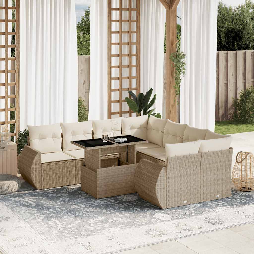 Vetonek Set de sofás de jardín 9 pzas con cojines ratán sintético beige