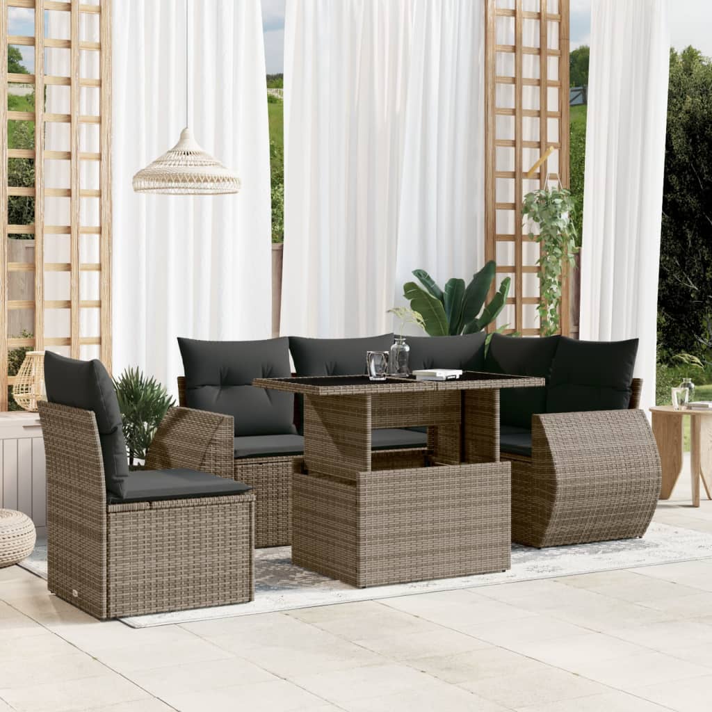 Vetonek Set de muebles de jardín 6 pzas y cojines ratán sintético gris