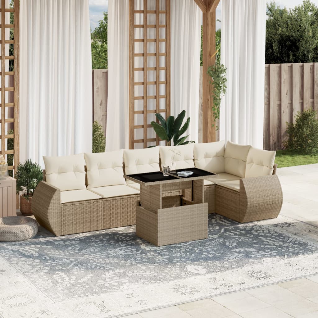 Set sofás de jardín 7 piezas y cojines ratán sintético beige