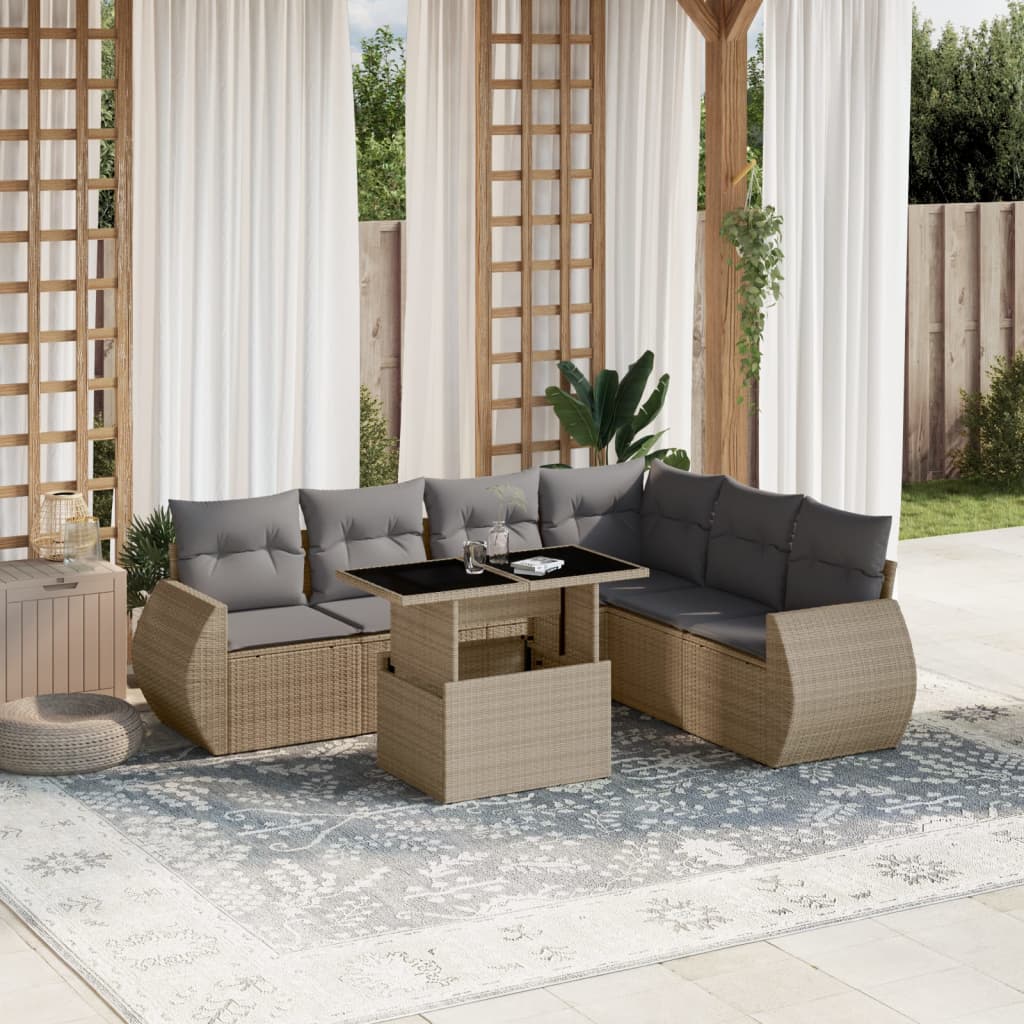 Set sofás de jardín 7 piezas y cojines ratán sintético beige