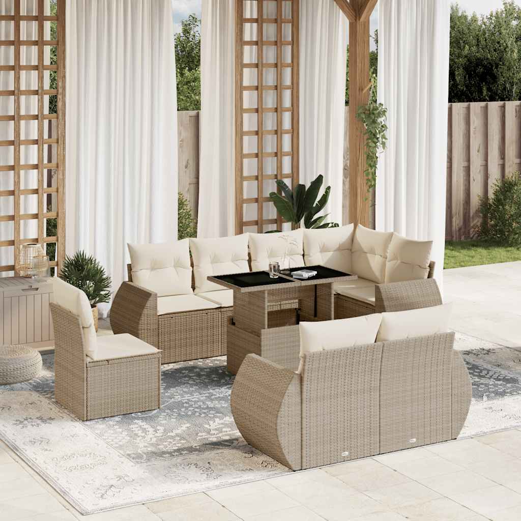 Vetonek Set de sofás de jardín 9 pzas con cojines ratán sintético beige