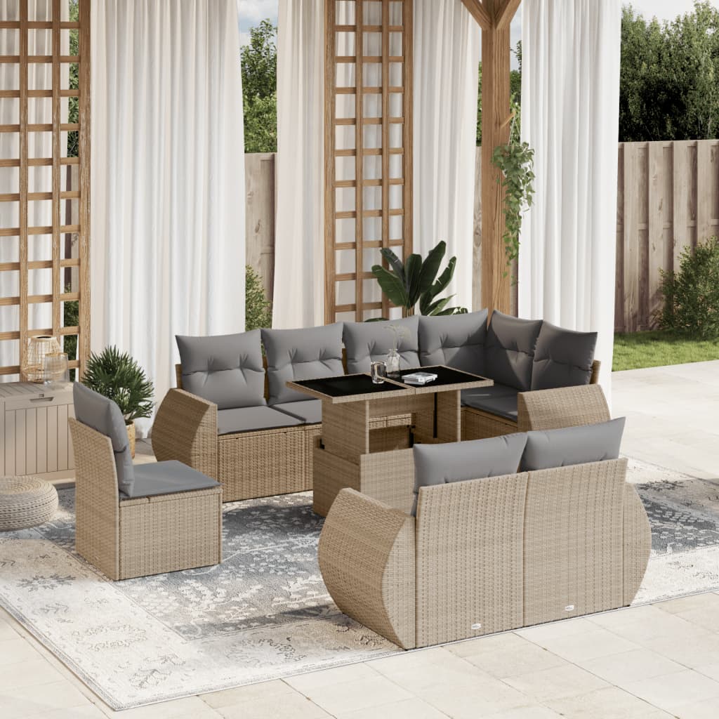 Vetonek Set de sofás de jardín 9 pzas con cojines ratán sintético beige