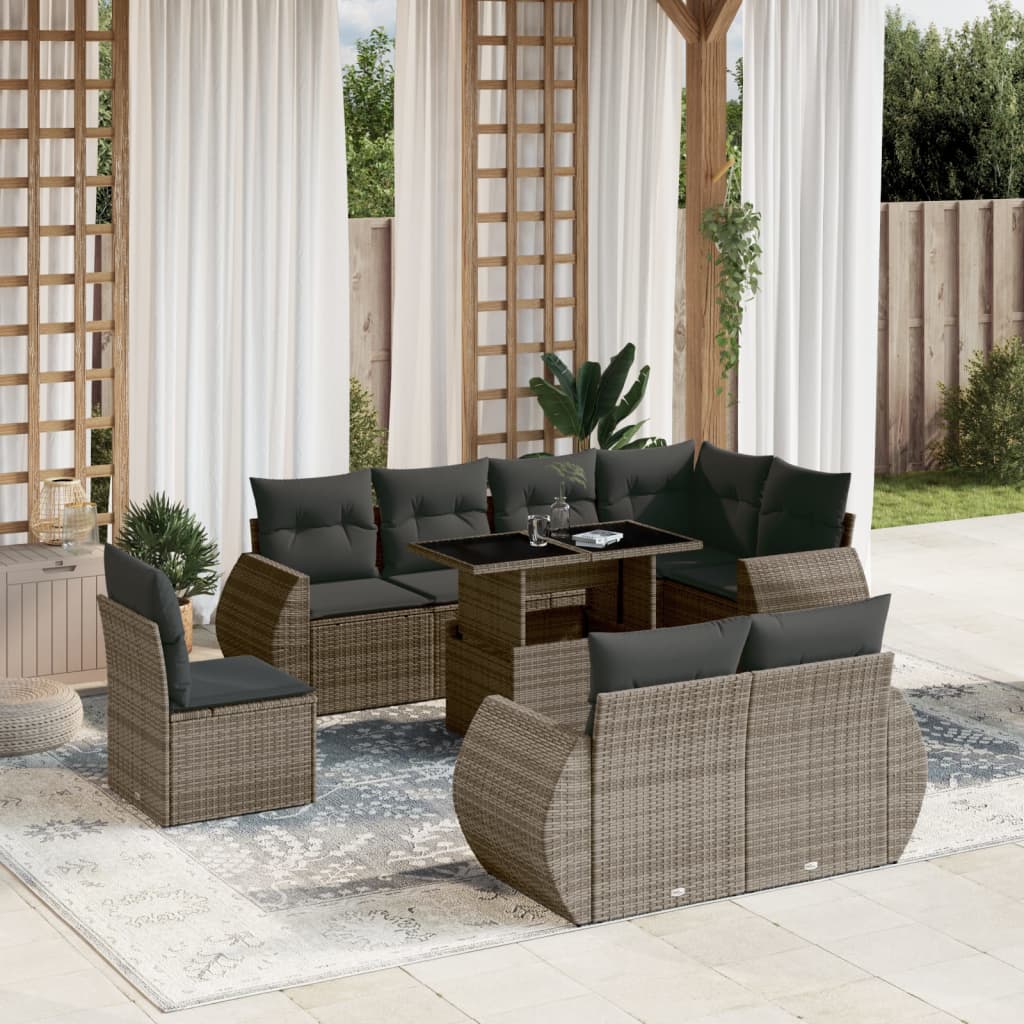 Vetonek Set de muebles de jardín 9 pzas y cojines ratán sintético gris