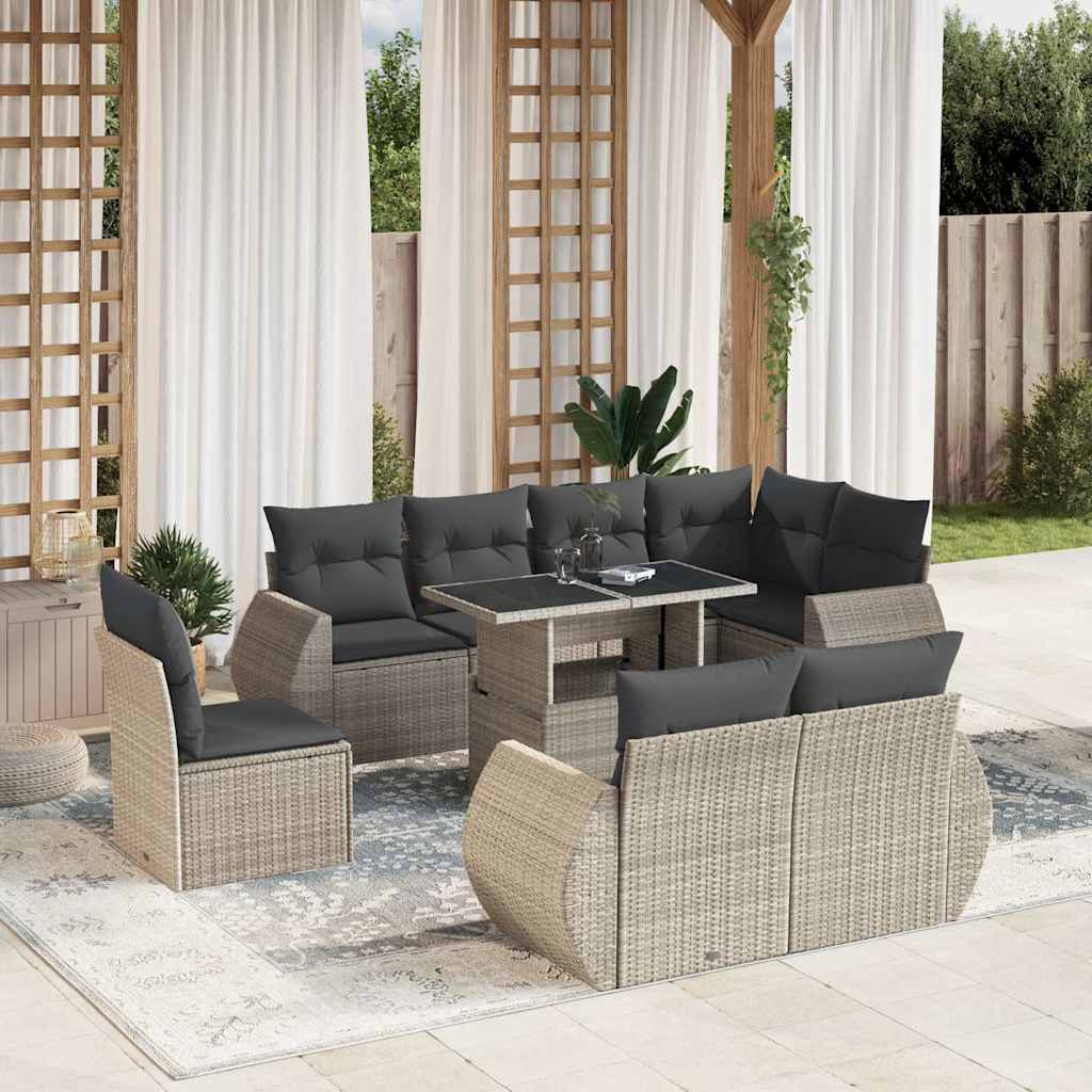 Vetonek Set muebles jardín 9 pzas y cojines ratán sintético gris claro