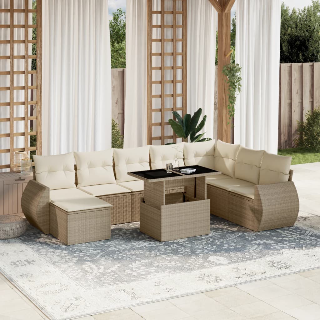 Vetonek Set de sofás de jardín 9 pzas con cojines ratán sintético beige