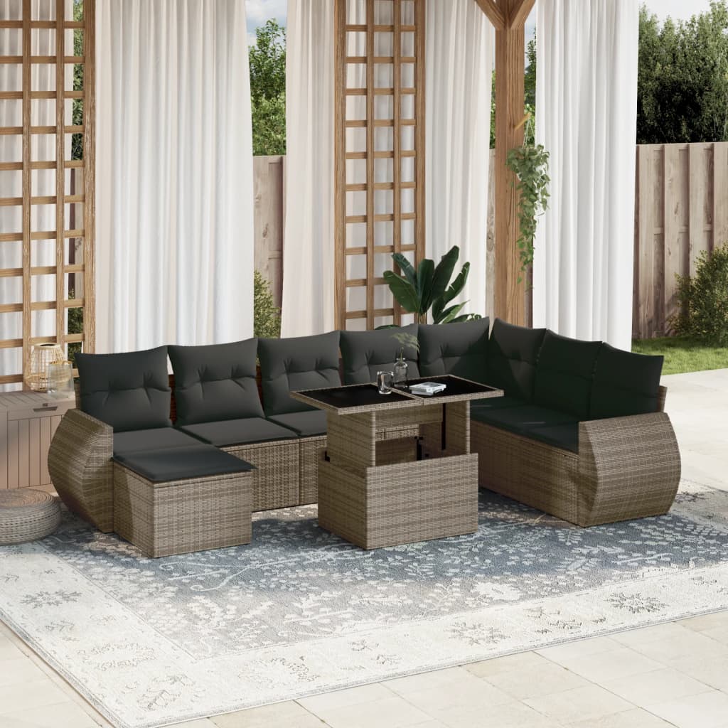 Vetonek Set de muebles de jardín 9 pzas y cojines ratán sintético gris