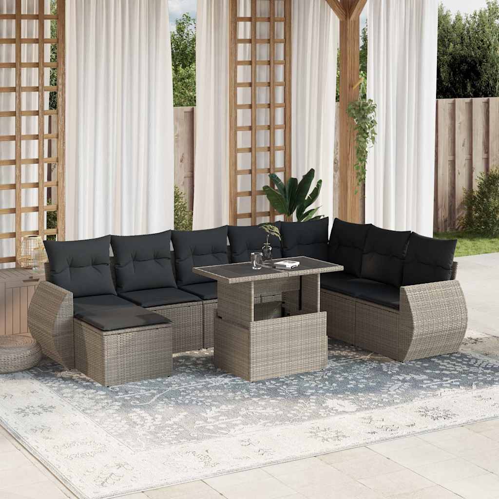 Vetonek Set muebles jardín 9 pzas y cojines ratán sintético gris claro