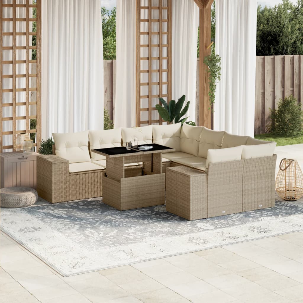 Vetonek Set de sofás de jardín 9 pzas con cojines ratán sintético beige