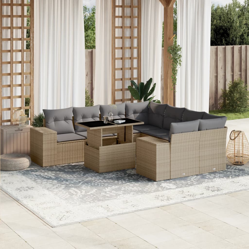 Vetonek Set de sofás de jardín 9 pzas con cojines ratán sintético beige