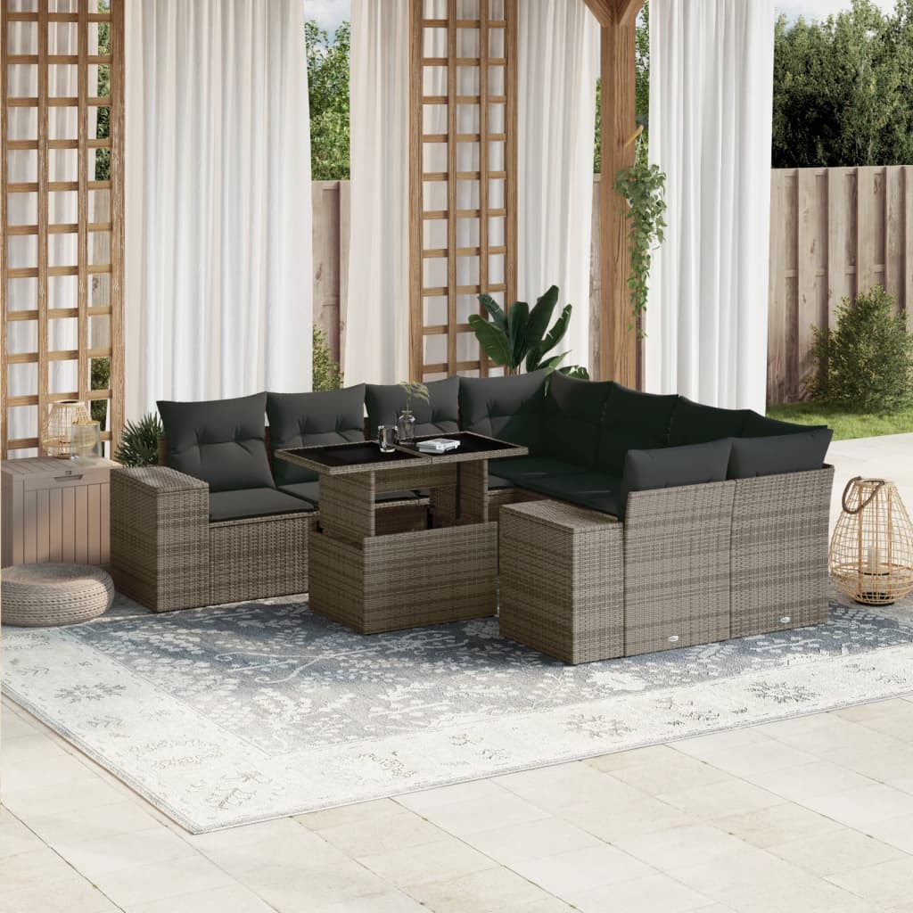 Vetonek Set de muebles de jardín 9 pzas y cojines ratán sintético gris